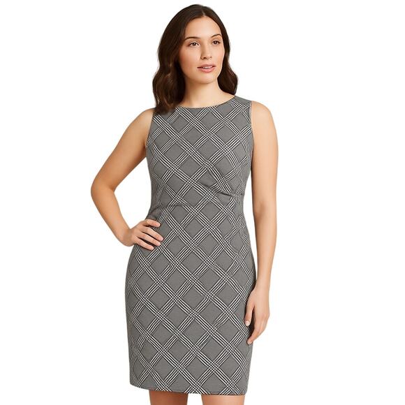 Ann Taylor Sz 12P Houndstooth Plaid Sleeveless Sheath Dress Black Stretch Ruched - Picture 1 of 9